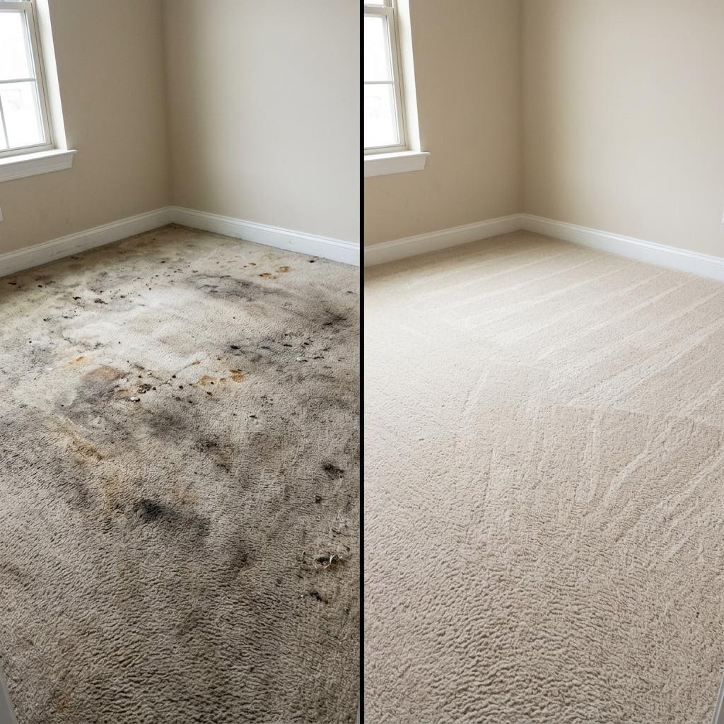 Carpet before and after professional steam cleaning — dirty and stained on the left, bright and clean on the right