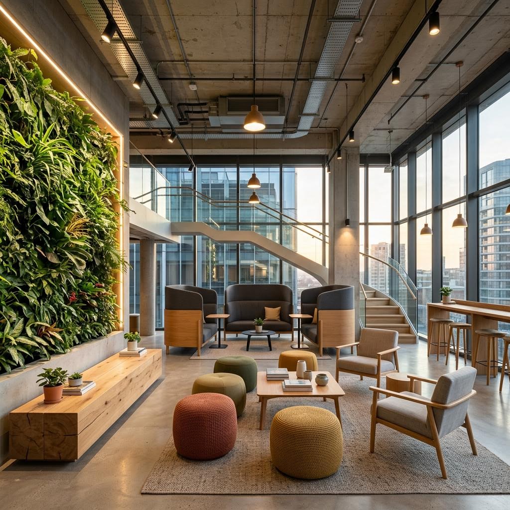 Modern commercial office lounge with plant wall
