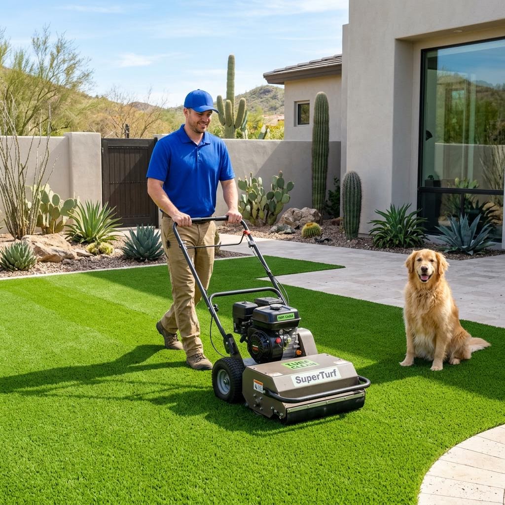 Technician cleaning artificial turf in a backyard